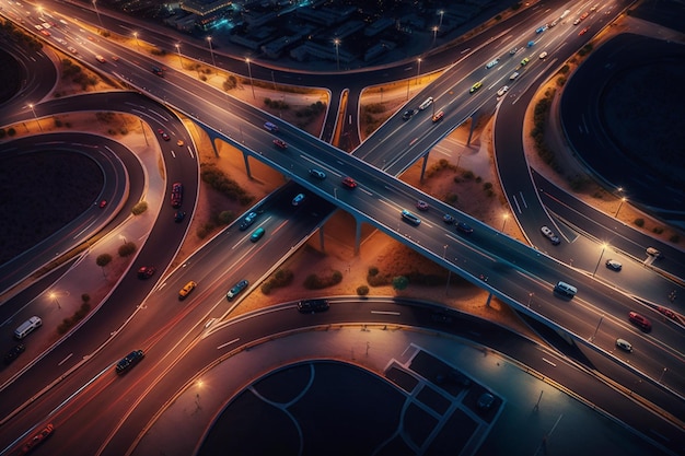 Eine Autobahn mit einer Autobahn und einer Autobahn bei Nacht.