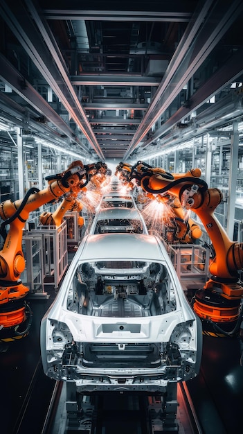 Eine Automobilproduktionslinie mit Roboterarmen in einem hochtechnologischen Montagewerk