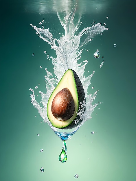 Eine Avocado wird mit Wasser bespritzt und ein grüner Hintergrund wird von der KI generiert