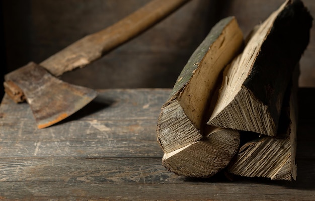 Eine Axt wird in einen Brennholzklotz für einen Feuerraum auf einer Holzstruktur geschnitten