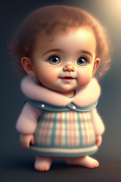 Eine Babypuppe mit rosa Kragen und blauen Augen.