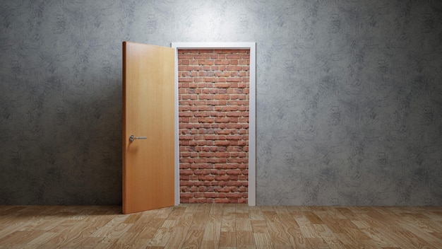 Eine Backsteinmauer, die das hoffnungslose Konzept der Tür blockiert