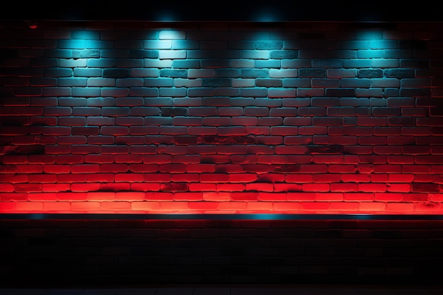 Eine Backsteinmauer, die von unten mit neonrotem Licht beleuchtet wird Generative Ai