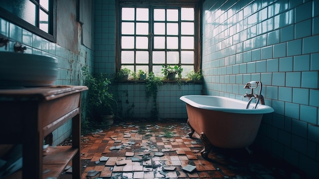 Eine Badewanne in einem schmutzigen Badezimmer mit einer grünen Pflanze am Fenster.