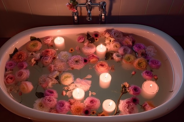 Eine Badewanne mit darauf schwimmenden Blumen und Kerzen