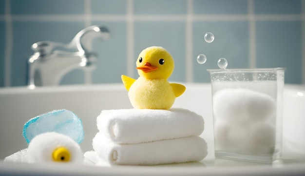 Eine Badewanne mit einer gelben Ente darauf