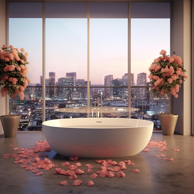 eine Badewanne mit rosa Blumen auf dem Boden und einem Fenster im Hintergrund