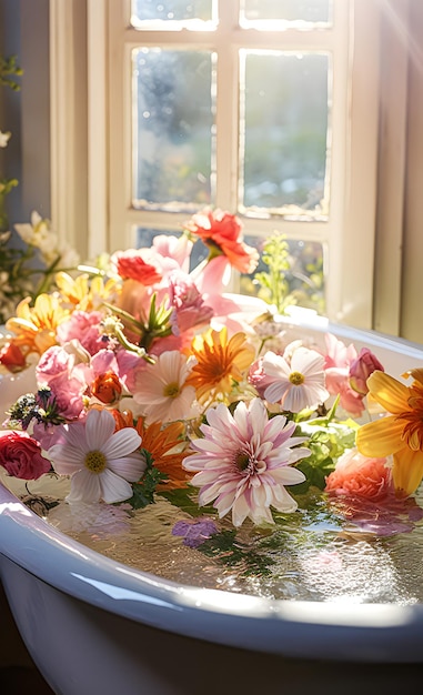 Foto eine badewanne voller blumen