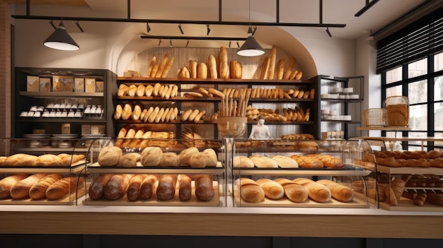 Foto eine bäckerei im französischen stil, die sich auf moderne minimalistische designelemente konzentriert. der zeitgenössische und modische stil des ladens mit einer thematischen ausstellung von handwerklichem brot als mittelpunkt