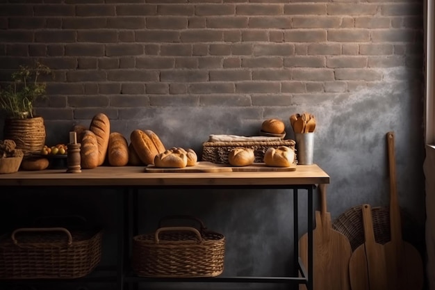 Eine Bäckerei im Pariser Stil mit einem Holztisch