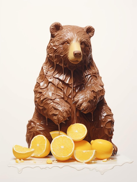 Eine Bärenstatue mit Zitronen und Zitronen darauf
