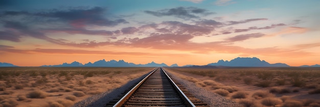 Eine Bahnstrecke, die sich in die weite Wüstenlandschaft erstreckt