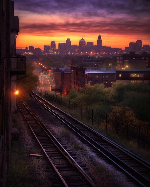 Eine Bahnstrecke liegt neben der Skyline einer Stadt, dahinter geht die Sonne unter.