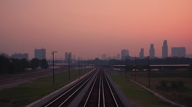 Eine Bahnstrecke mit einer Stadt im Hintergrund