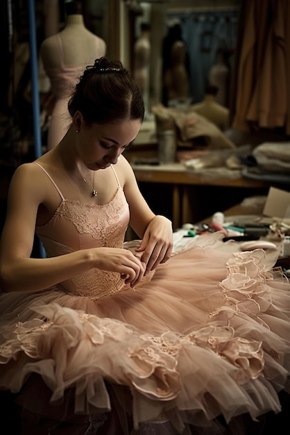 Eine Ballerina in einem rosa Kleid näht ihr Kleid.
