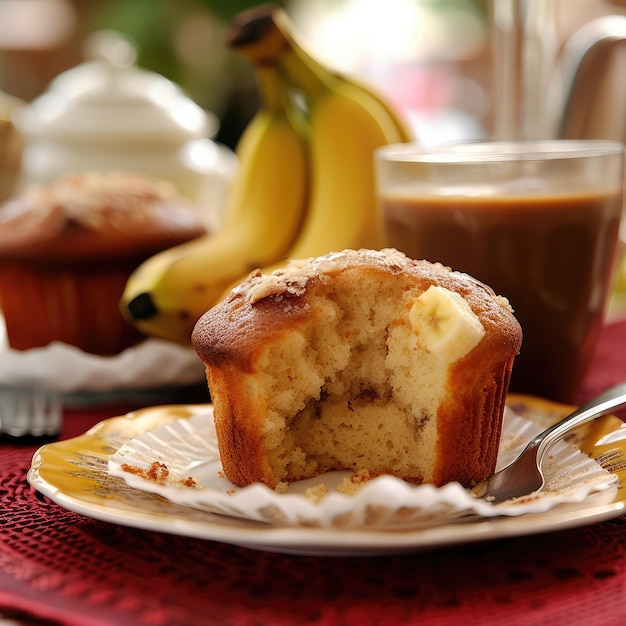Eine Banane und ein Muffin auf einem Teller mit einer Tasse Kaffee im Hintergrund
