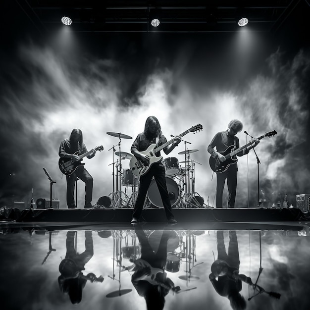 Foto eine band spielt auf der bühne mit den lichtern hinter sich.