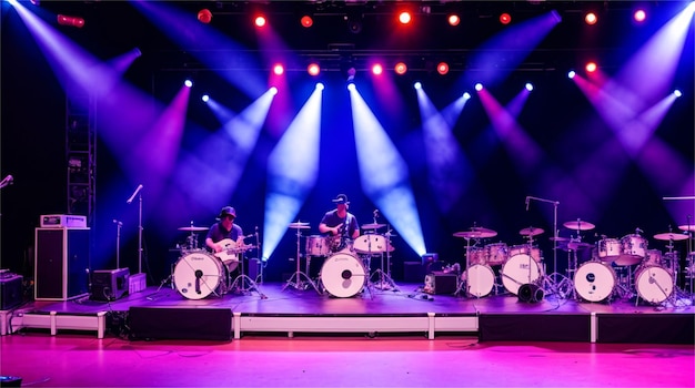 Eine Band spielt auf der Bühne mit einem Licht an der Decke