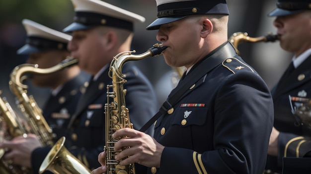 Eine Band von uns Armeekapellen, die ein Saxophon spielen.