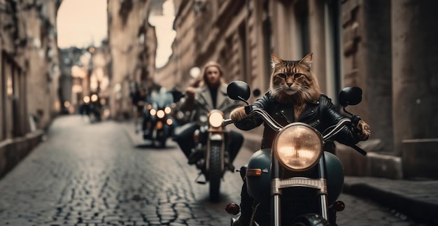 eine Bande aggressiver Katzen-Motorradfahrer fährt auf einem Motorrad durch die Stadt