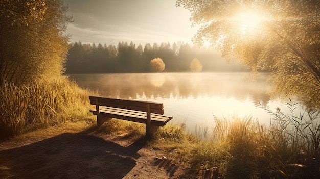 Foto eine bank an einem see, auf die die sonne scheint.