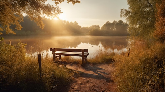 Foto eine bank an einem see, auf die die sonne scheint.