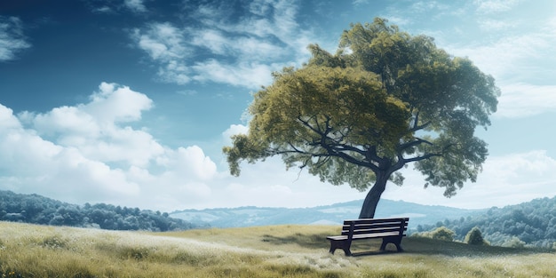 eine Bank unter einem Baum in einem grasbewachsenen Feld