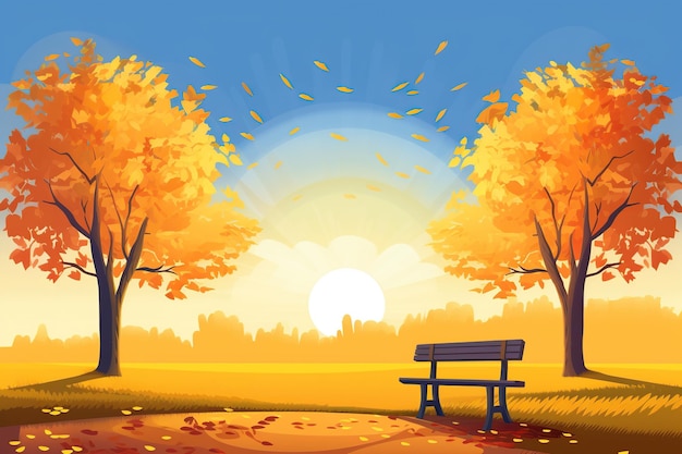 Eine Bank unter einem Herbstbaum bei Sonnenaufgang, Herbstlandschaft, generative KI