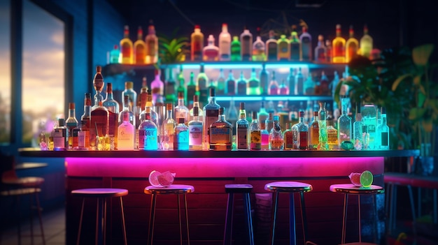 Eine Bar mit buntem Neonlicht hinter der Bar