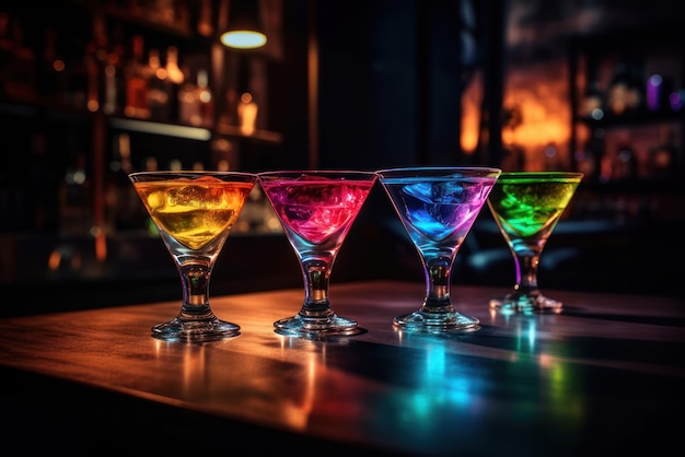 Eine Bar mit bunten Cocktails darauf