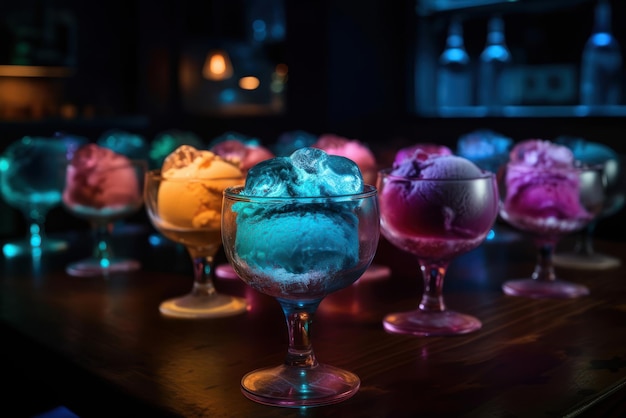 Eine Bar mit bunten Eiscremes darauf