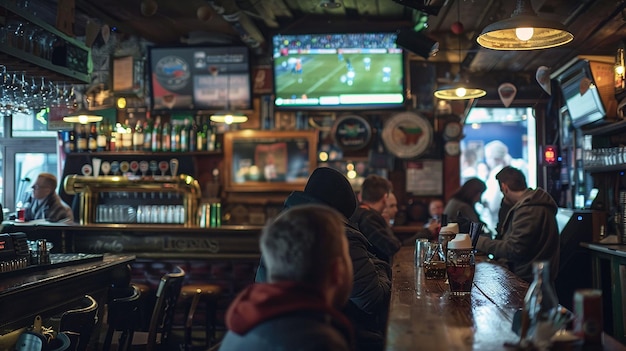 eine Bar mit einem Fernseher an der Wand und Menschen, die das Spiel beobachten