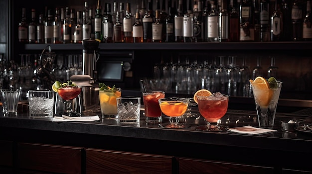 Eine Bar mit einer Bar mit einer Bar mit einer Bar mit einer Auswahl an Cocktails darauf.