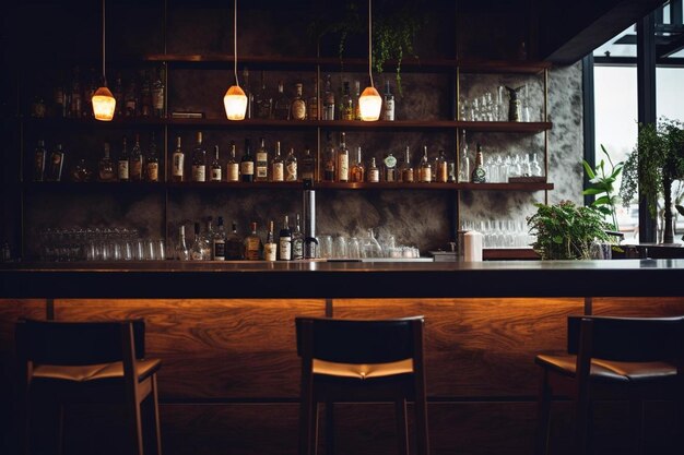 eine Bar mit einer Wand aus Flaschen und einer Pflanze an der Wand