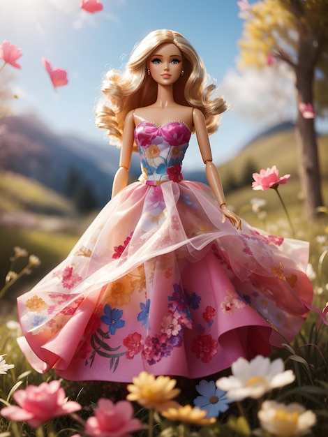 Eine Barbie-Puppe in einem romantisch gefärbten Kleid mit herzförmigem Ausschnitt und einem zarten Tüllrock