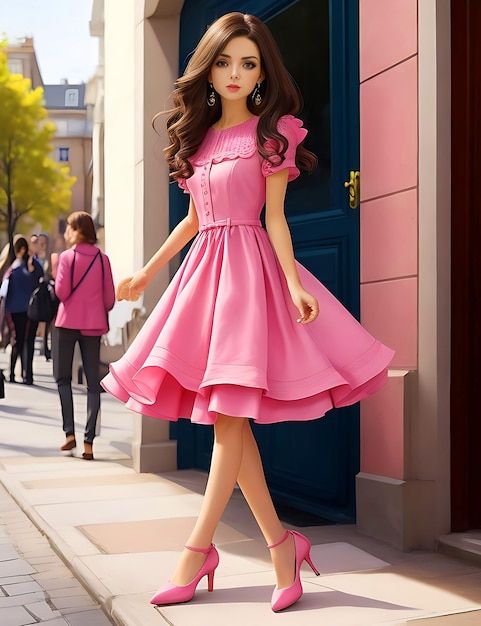 Eine Barbie-Puppe in einem rosa Kleid