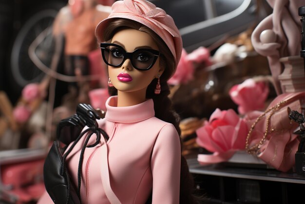 Foto eine barbie-puppe in schwarzem freitag mit sonnenbrille und einkaufstaschen