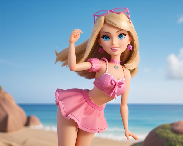 Eine Barbie-Puppe mit einem rosa Outfit und einer Schleife im Haar