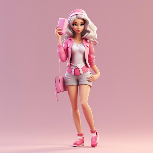 Eine Barbie-Puppe mit rosafarbenem Kleid, isolierter 3D-Charakter