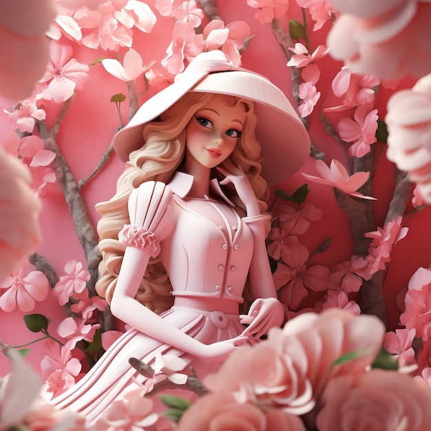 Eine Barbie-Puppe mit rosafarbenem Kleid, isolierter 3D-Charakter