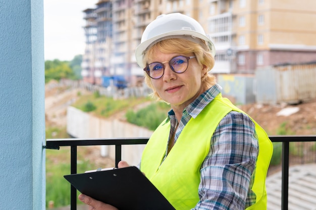 Eine Bauarbeiterin auf einer Baustelle arbeitet und kontrolliert den Prozess