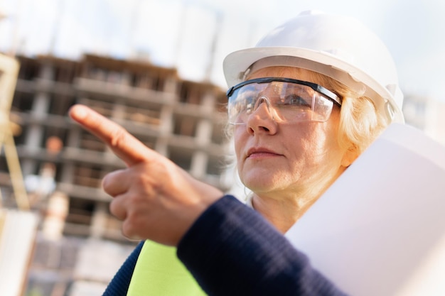 Eine Bauarbeiterin auf einer Baustelle zeigt mit dem Finger auf das Haus Frau mittleren Alters, Nahaufnahme