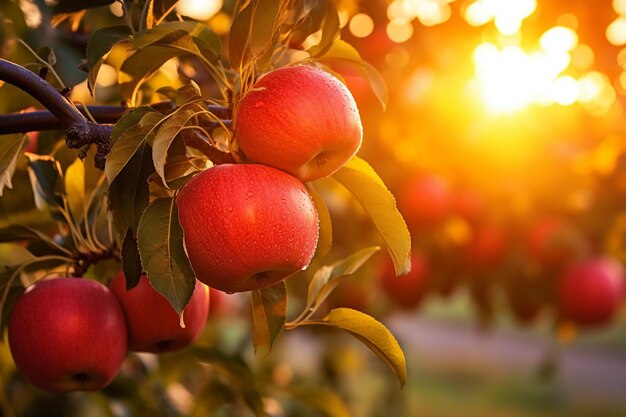 Eine Bauernhand hält einen frisch gepflückten Apfel vor dem Hintergrund eines Obstgartens