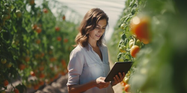 Eine Bauernin inspiziert ihre Tomatenpflanzen mit einem digitalen Tablet Generative KI