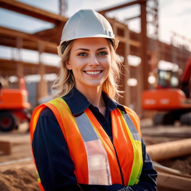 eine Bauingenieurin mit Blaupausen auf der Baustelle lächelt