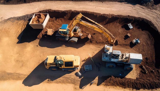 Eine Baustelle mit einem großen Bagger und einem großen LKW mit einem großen Lader darauf.