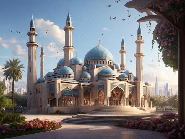 Eine beeindruckende 4K-Illustration, die das erstaunliche architektonische Design einer muslimischen Moschee zeigt