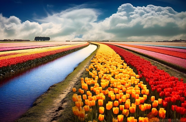 Eine beeindruckende Darstellung farbiger Tulpen auf einem Feld
