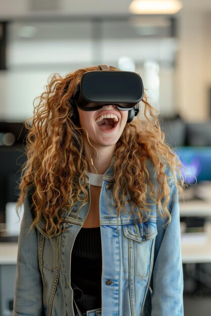 Eine begeisterte junge Frau erlebt die virtuelle Realität. Ihre freudigen Ausdrücke erfassen die eindringliche Aufregung der VR in einem modernen Büro.