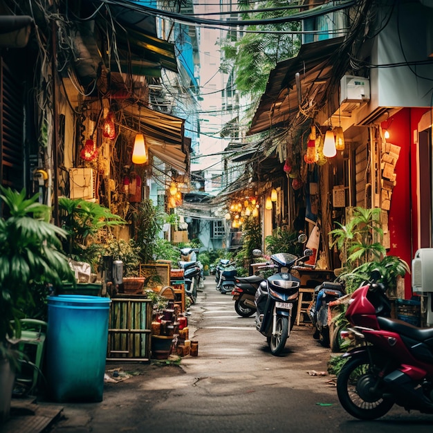 Eine belebte Gasse in Ho Chi Minh-Stadt mit farbenfroher Straßenkunst und lebendigen Marktständen